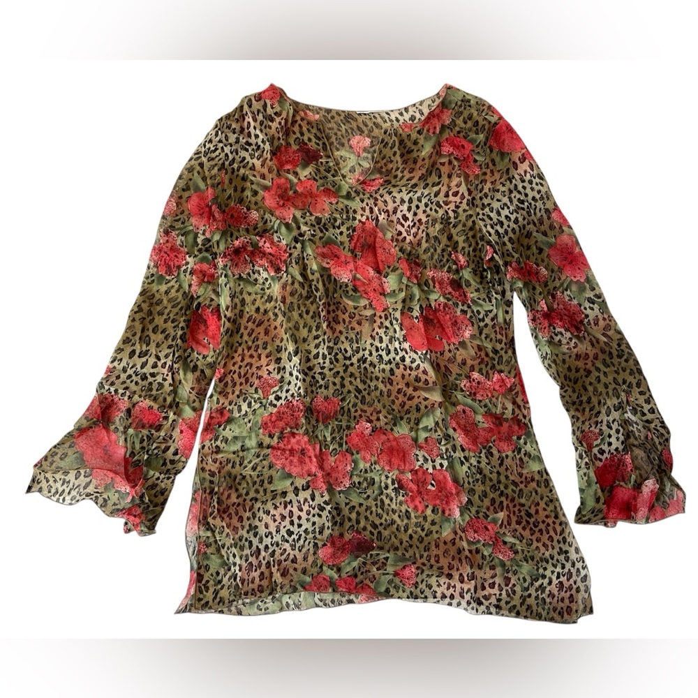 VINTAGE 90S SHEER ANIMAL PRINT FLORAL COVER UP BLOUSE MEDIUM